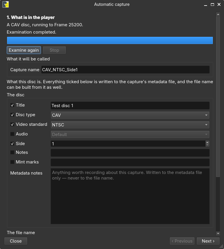 The first page of the Automatic capture window: the examination report, the capture name,
and the naming fields prefilled from what was found