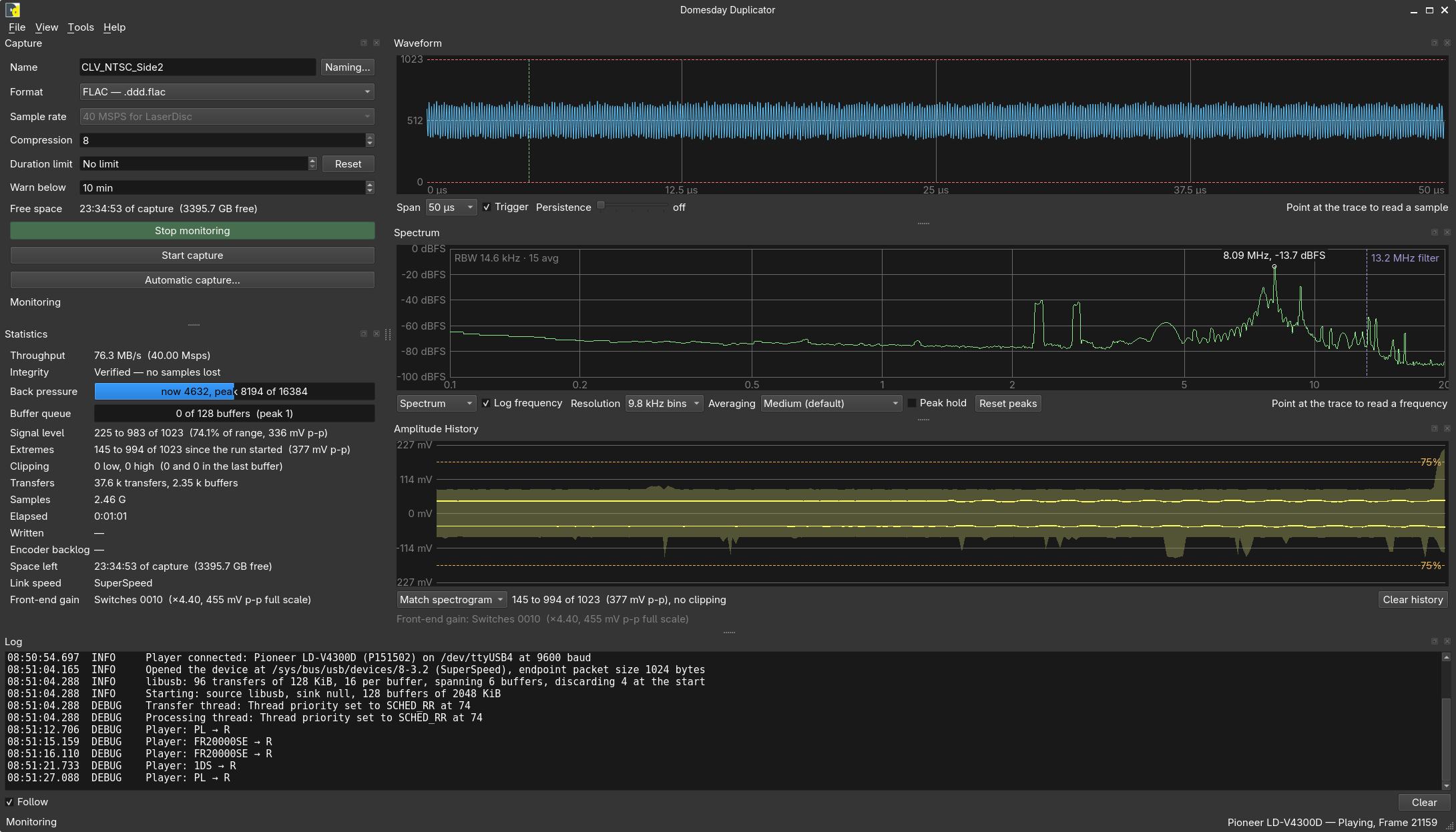 The main window in its default arrangement: Capture and Statistics on the left, Waveform,
Spectrum and Amplitude History on the right, and the Log panel shown at the
bottom