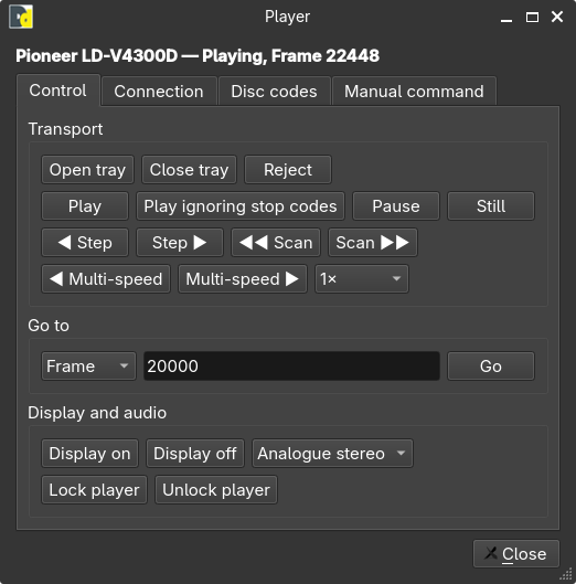 The player window on its Control tab: the status line across the top, then Transport, Go
to, and Display and audio