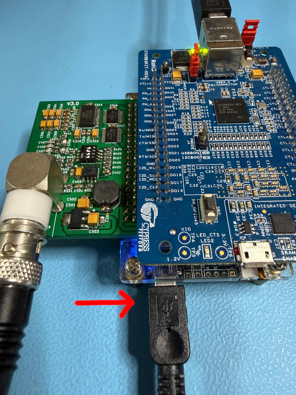 The DE0-NANO's mini-USB connector, in an assembled unit